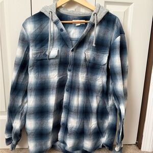 Aeropostale Blue White Plaid Long Sleeve Hooded Shirt